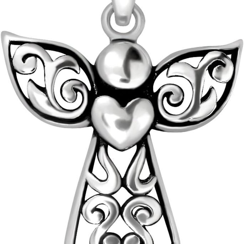 925 Sterling Silver Bali Filigree Cross Guardian Angel Holding Heart Wing Pendan